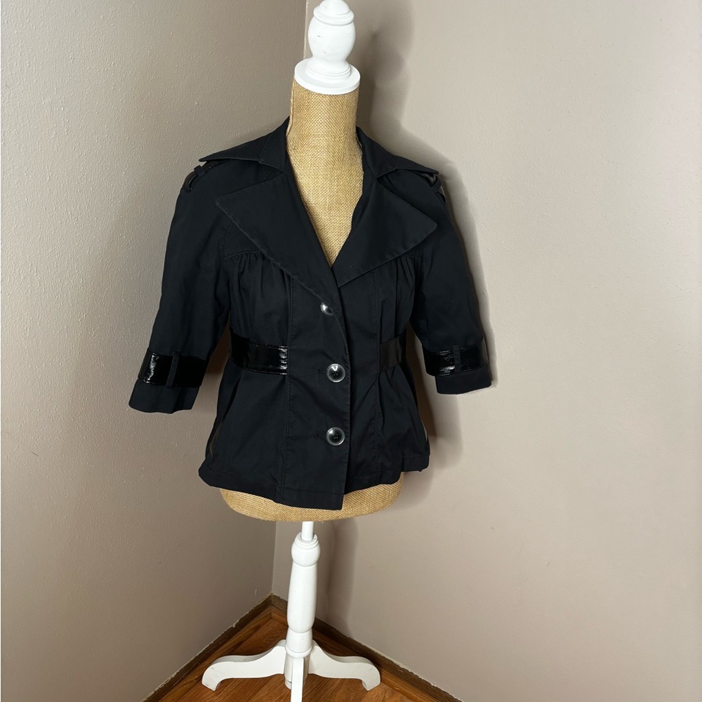 Via Spiga Black Short Trench Jacket with Patent Trim Size Small Vintage